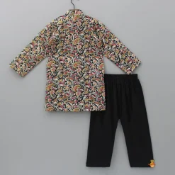 Clearance Lace Detail Front Placket Multicolour Printed Kurta And Black Pyjama BOY Twinning Sets | Indian Ethnic Wear
