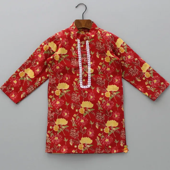 Discount Lace Detail Front Placket Red Printed Kurta And Pyjama BOY Indian Ethnic Wear | Ethnic Sets