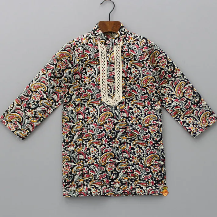 Clearance Lace Detail Front Placket Multicolour Printed Kurta And Black Pyjama BOY Twinning Sets | Indian Ethnic Wear