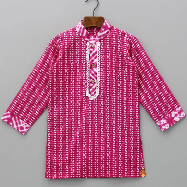 Clearance Lace Detail Front Placket Pink Printed Kurta And Pyjama BOY Indian Ethnic Wear | Ethnic Sets