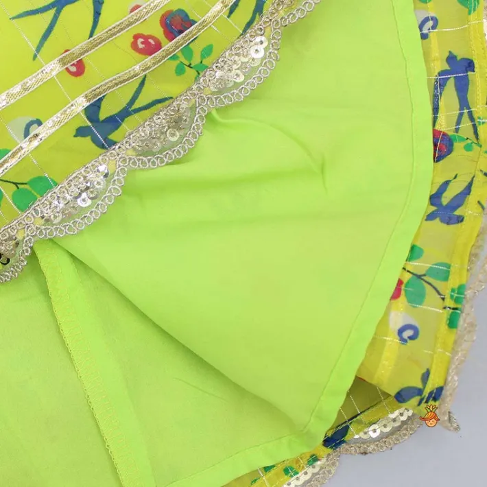 New Lace Detailed Yoke Printed Green Top And Sharara With Matching Dupatta Ethnic Wear | Palazzos & Shararas