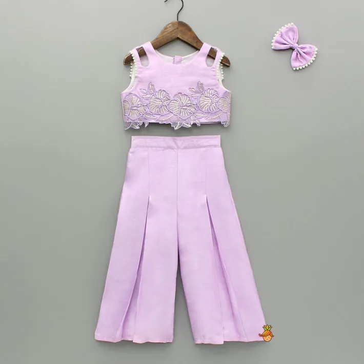Fashion Lavender Embroidered Top And Pleated Palazzo With Matching Bow Hair Clip Ethnic Wear | Palazzos & Shararas