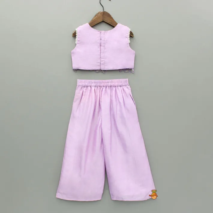 Fashion Lavender Embroidered Top And Pleated Palazzo With Matching Bow Hair Clip Ethnic Wear | Palazzos & Shararas