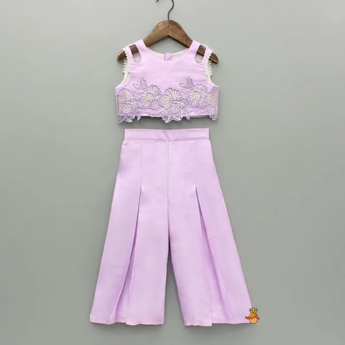 Fashion Lavender Embroidered Top And Pleated Palazzo With Matching Bow Hair Clip Ethnic Wear | Palazzos & Shararas