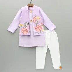 Clearance Lavender Kurta With Embroidered Front Open Jacket And Pyjama BOY Twinning Sets | Indian Ethnic Wear