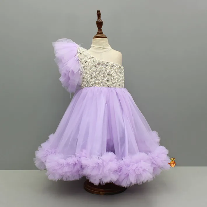 New Lavender One Shoulder Embellished Dress With Detachable Trial And Bow With Matching Swirled Bowie Headband Dresses & Sets | Dresses