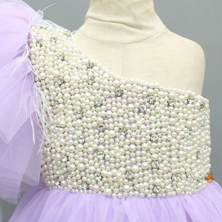 New Lavender One Shoulder Embellished Dress With Detachable Trial And Bow With Matching Swirled Bowie Headband Dresses & Sets | Dresses