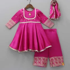 New Lavish Pink Faux Mirror Work Kurti With Palazzo And Dupatta Ethnic Wear | Palazzos & Shararas