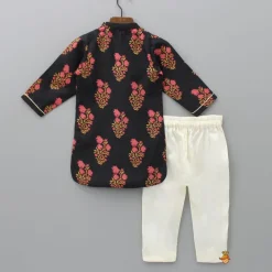 Outlet Leaf Adorned Black Floral Printed Kurta And Pyjama BOY Indian Ethnic Wear | Ethnic Sets