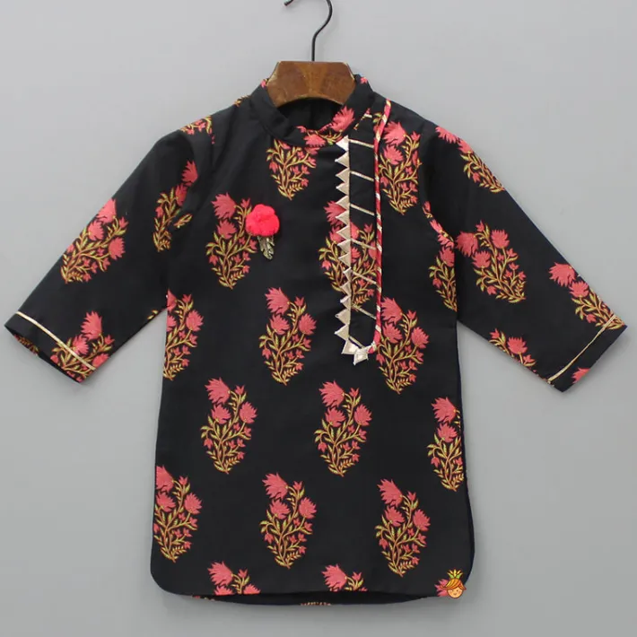 Outlet Leaf Adorned Black Floral Printed Kurta And Pyjama BOY Indian Ethnic Wear | Ethnic Sets