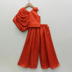 Best Leaf Adorned Rust Crop Top And Flared Palazzo Ethnic Wear | Palazzos & Shararas