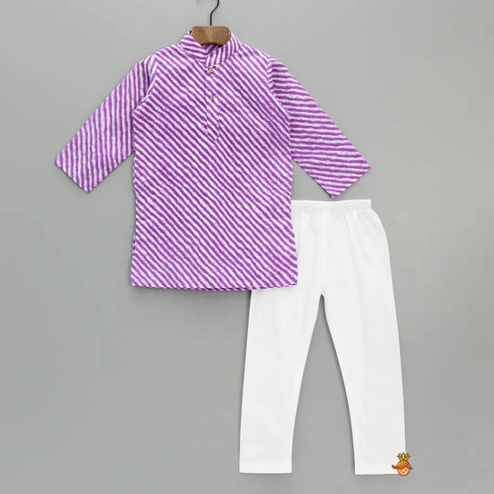 Best Leheriya Printed Mandarin Collar Purple Kurta With White Pyjama BOY Indian Ethnic Wear | Ethnic Sets