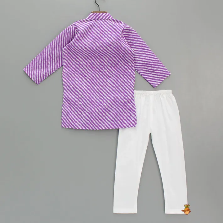 Best Leheriya Printed Mandarin Collar Purple Kurta With White Pyjama BOY Indian Ethnic Wear | Ethnic Sets