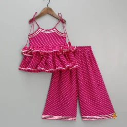 Hot Leheriya Printed Pink Tie Up Straps Kurti And Flared Palazzo Ethnic Wear | Palazzos & Shararas