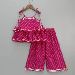 Discount Leheriya Printed Pink Tie Up Straps Kurti And Flared Palazzo Ethnic Wear | Palazzos & Shararas