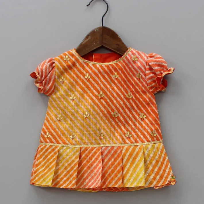 Fashion Leheriya Printed Puff Sleeves Top And Orange Bloomer Baby Essentials | Infant Clothing