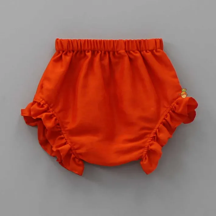 Fashion Leheriya Printed Puff Sleeves Top And Orange Bloomer Baby Essentials | Infant Clothing