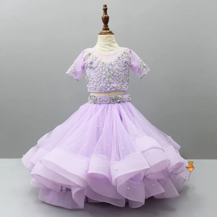Discount Lilac Embroidered Crop Top And Net Layered Lehenga Ethnic Wear | Lehengas & Ghagras