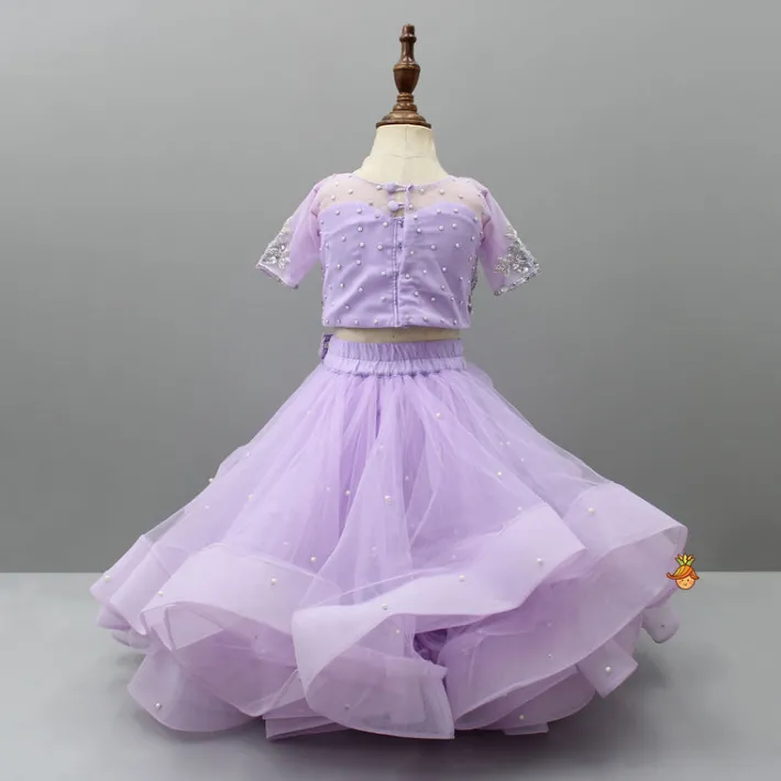 Discount Lilac Embroidered Crop Top And Net Layered Lehenga Ethnic Wear | Lehengas & Ghagras