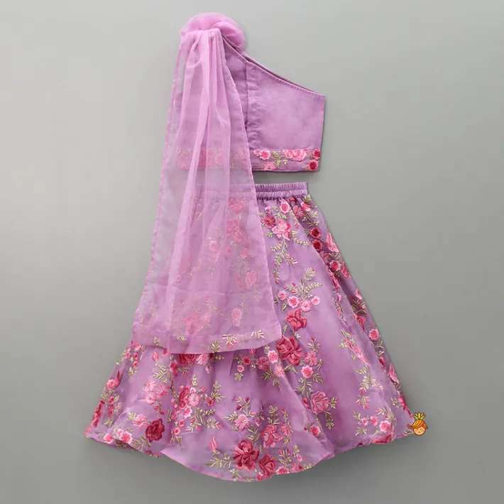 Hot Lilac Pleated Rose Drape Top And Floral Embroidered Lehenga Ethnic Wear | Lehengas & Ghagras