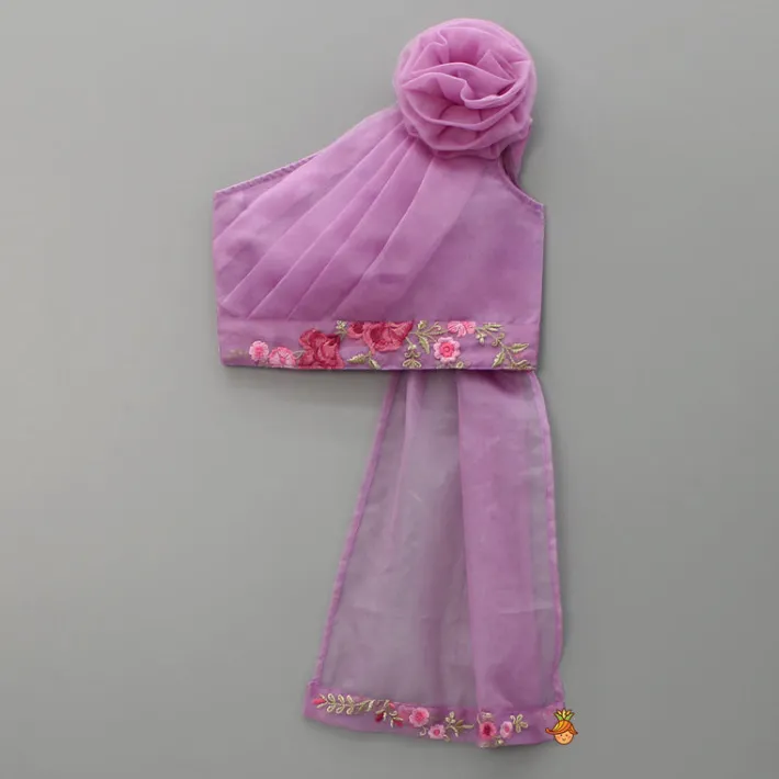 Hot Lilac Pleated Rose Drape Top And Floral Embroidered Lehenga Ethnic Wear | Lehengas & Ghagras