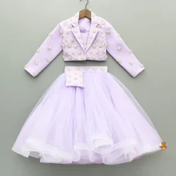 New Lilac Strappy Top With Embellished Jacket And Lehenga With Matching Pouch Ethnic Wear | Lehengas & Ghagras