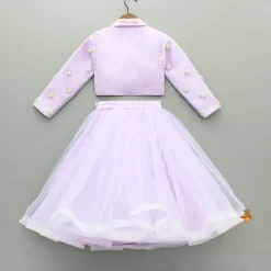 New Lilac Strappy Top With Embellished Jacket And Lehenga With Matching Pouch Ethnic Wear | Lehengas & Ghagras