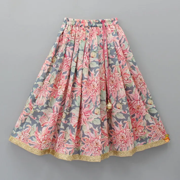Fashion Linen Floral Grey And Peach Top With Pleated Lehenga And Matching Net Lace Work Dupatta Ethnic Wear | Lehengas & Ghagras