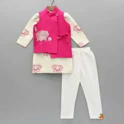 New Lotus Embroidered Kurta With Pink Jacket And Churidar BOY Twinning Sets | Indian Ethnic Wear