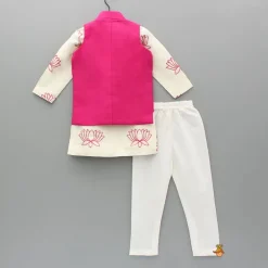 New Lotus Embroidered Kurta With Pink Jacket And Churidar BOY Twinning Sets | Indian Ethnic Wear