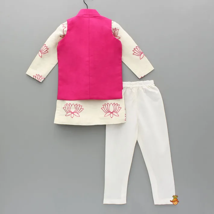 New Lotus Embroidered Kurta With Pink Jacket And Churidar BOY Twinning Sets | Indian Ethnic Wear