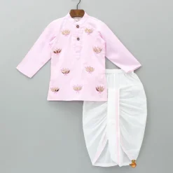 Clearance Lotus Patch Embroidered Pink Kurta And Dhoti BOY Indian Ethnic Wear | Ethnic Sets