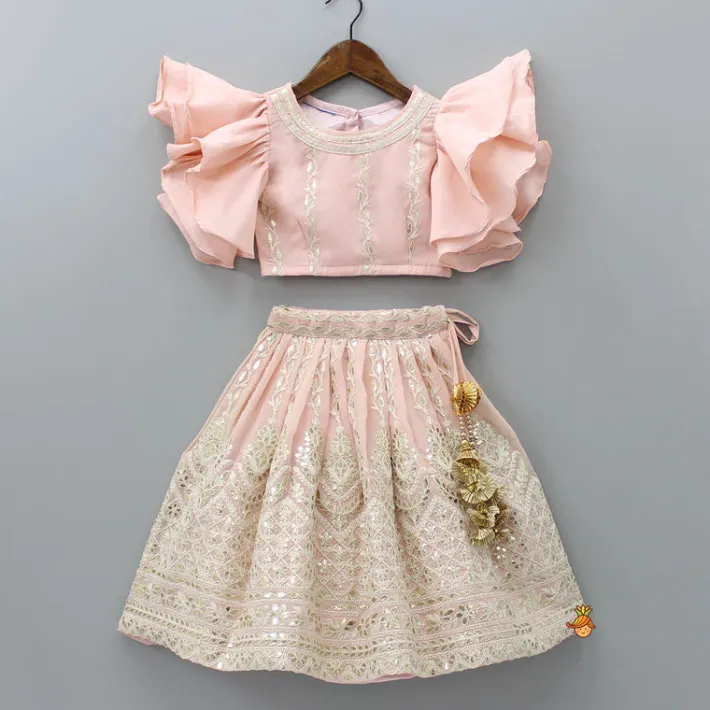 Outlet Lovely Peach Georgette Frilly Sleeves Top And Lehenga With Net Dupatta Ethnic Wear | Lehengas & Ghagras