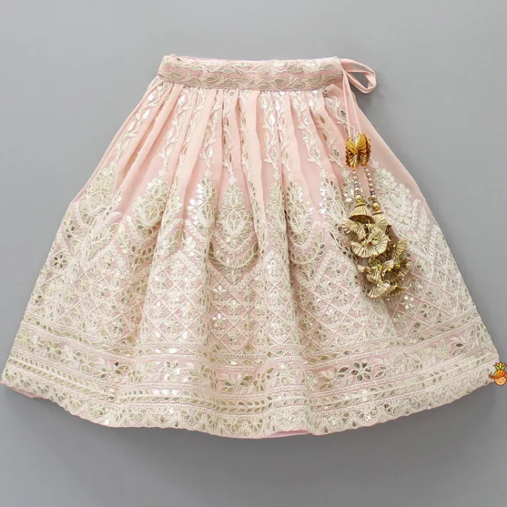 Outlet Lovely Peach Georgette Frilly Sleeves Top And Lehenga With Net Dupatta Ethnic Wear | Lehengas & Ghagras