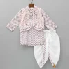 Hot Lurex Striped Hand Block Printed Pink Ethnic Kurta With Open Jacket And Dhoti BOY Twinning Sets | Indian Ethnic Wear
