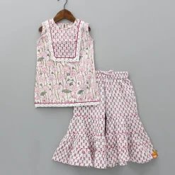 Online Lurex Striped Hand Block Floral Printed Kurti And Tiered Sharara With Dupatta Ethnic Wear | Palazzos & Shararas