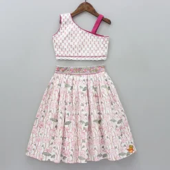 Discount Lurex Striped Hand Block Floral Printed One Shoulder Top And Lehenga With Matching Dupatta Twinning Sets | Ethnic Wear