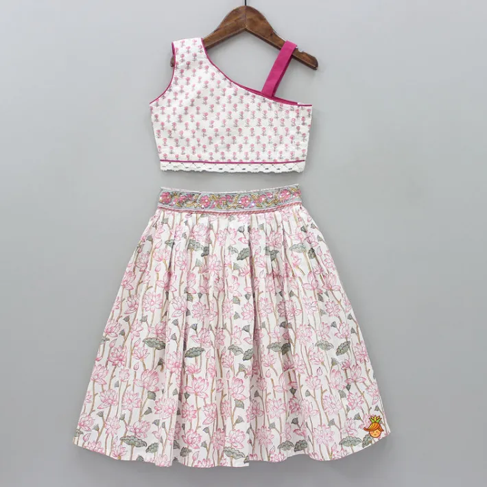 Discount Lurex Striped Hand Block Floral Printed One Shoulder Top And Lehenga With Matching Dupatta Twinning Sets | Ethnic Wear