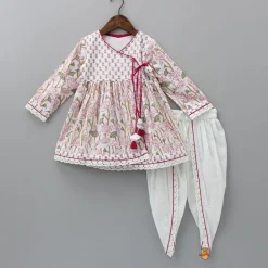 Fashion Lurex Striped Pink Hand Block Floral Printed Angarkha Kurti And Dhoti Twinning Sets | Ethnic Wear