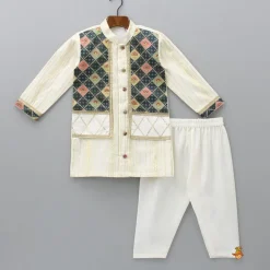 New Lurex Stripes Off White Jacket Style Kurta And Pyjama BOY Twinning Sets | Indian Ethnic Wear
