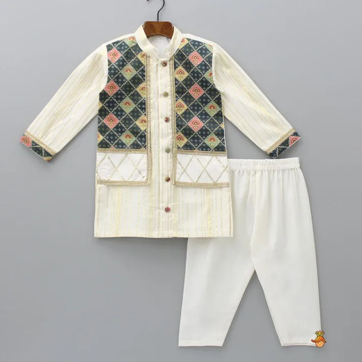 New Lurex Stripes Off White Jacket Style Kurta And Pyjama BOY Twinning Sets | Indian Ethnic Wear