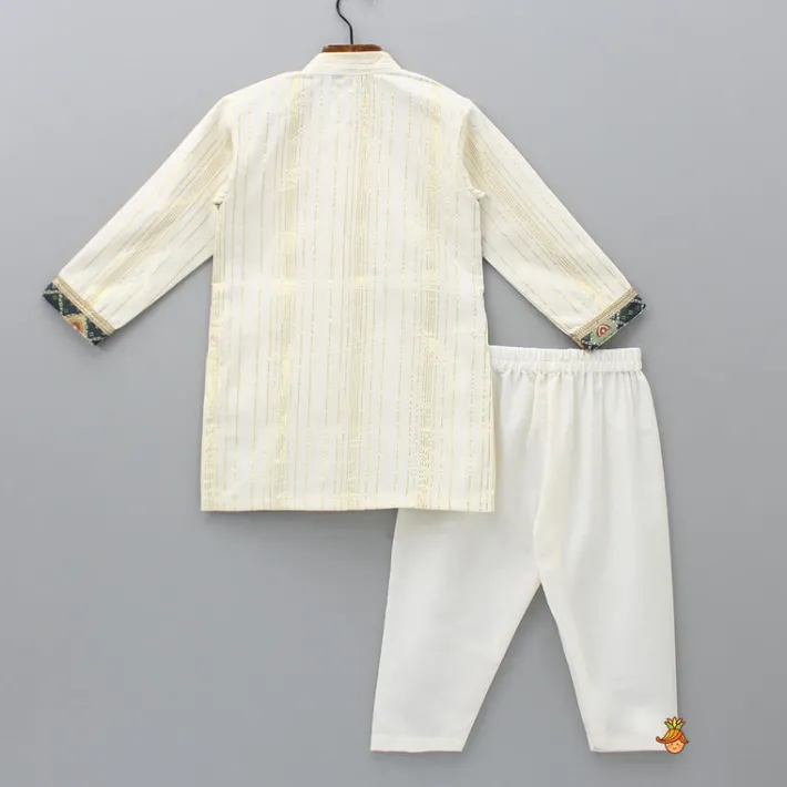 New Lurex Stripes Off White Jacket Style Kurta And Pyjama BOY Twinning Sets | Indian Ethnic Wear