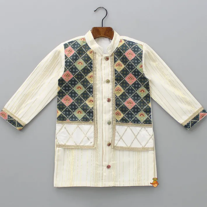 New Lurex Stripes Off White Jacket Style Kurta And Pyjama BOY Twinning Sets | Indian Ethnic Wear
