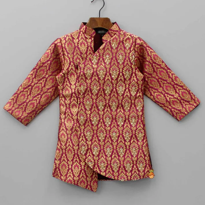 Clearance Magenta Brocade Printed Kurta And Dhoti BOY Indian Ethnic Wear | Ethnic Sets