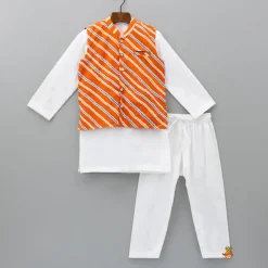 Fashion Mandarin Collar Kurta With Leheriya Printed Orange Jacket And Pyjama BOY Indian Ethnic Wear | Ethnic Sets