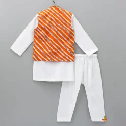 Fashion Mandarin Collar Kurta With Leheriya Printed Orange Jacket And Pyjama BOY Indian Ethnic Wear | Ethnic Sets