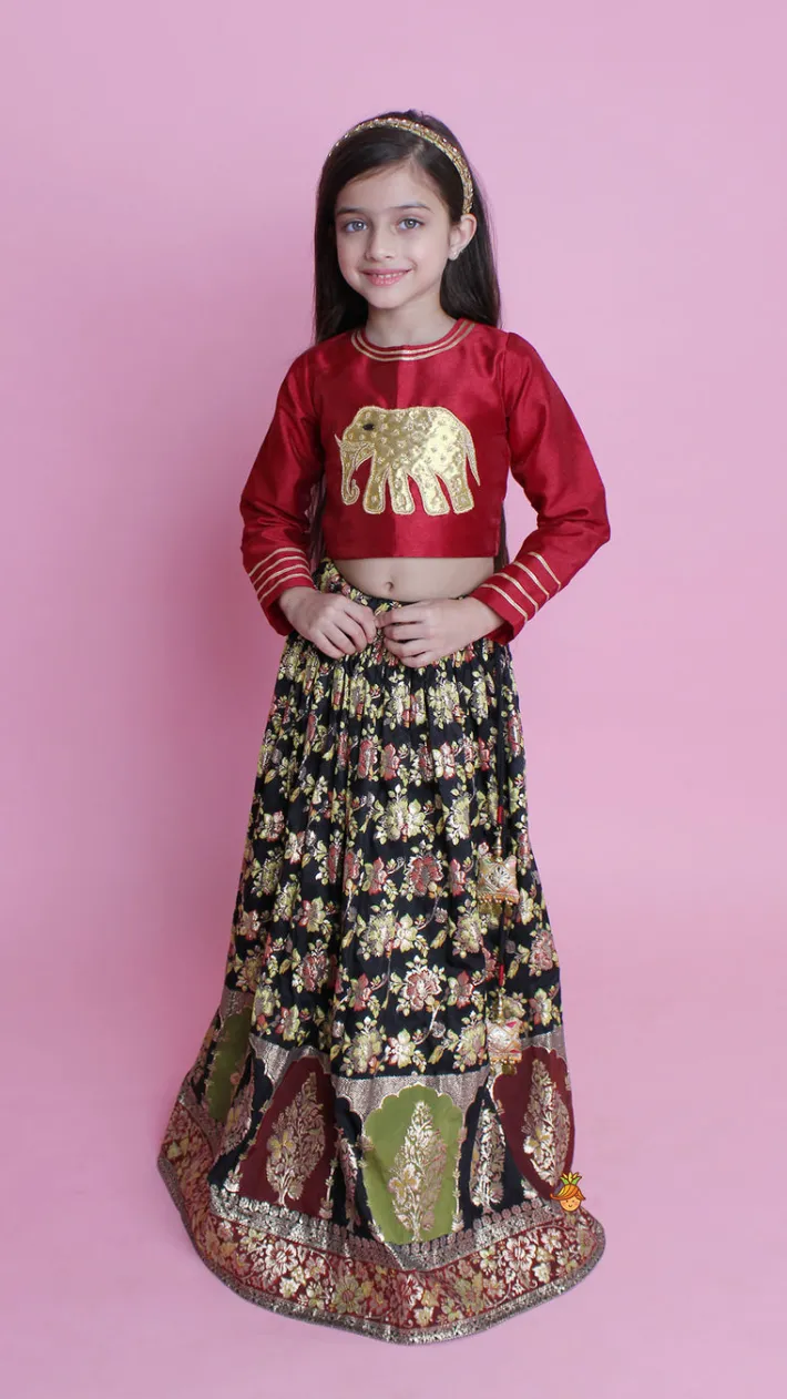 Hot Maroon Elephant Hand Embroidered Applique Top And Brocade Lehenga With Dupatta Ethnic Wear | Lehengas & Ghagras