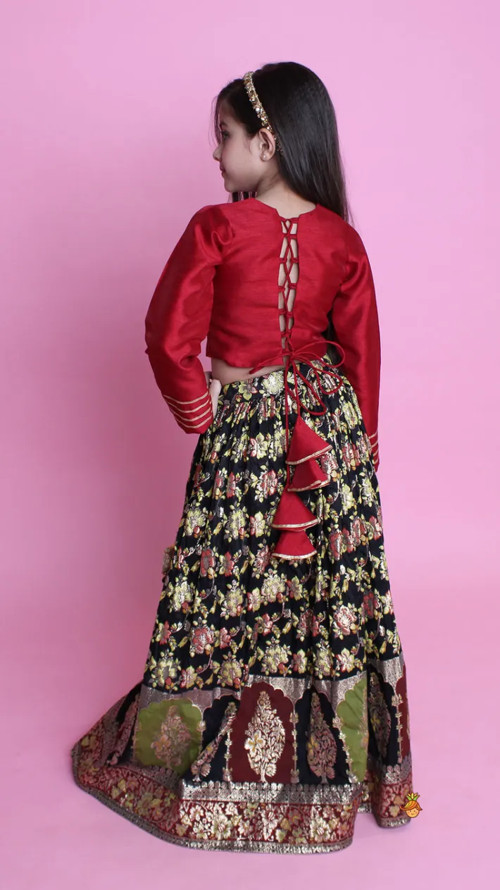 Hot Maroon Elephant Hand Embroidered Applique Top And Brocade Lehenga With Dupatta Ethnic Wear | Lehengas & Ghagras
