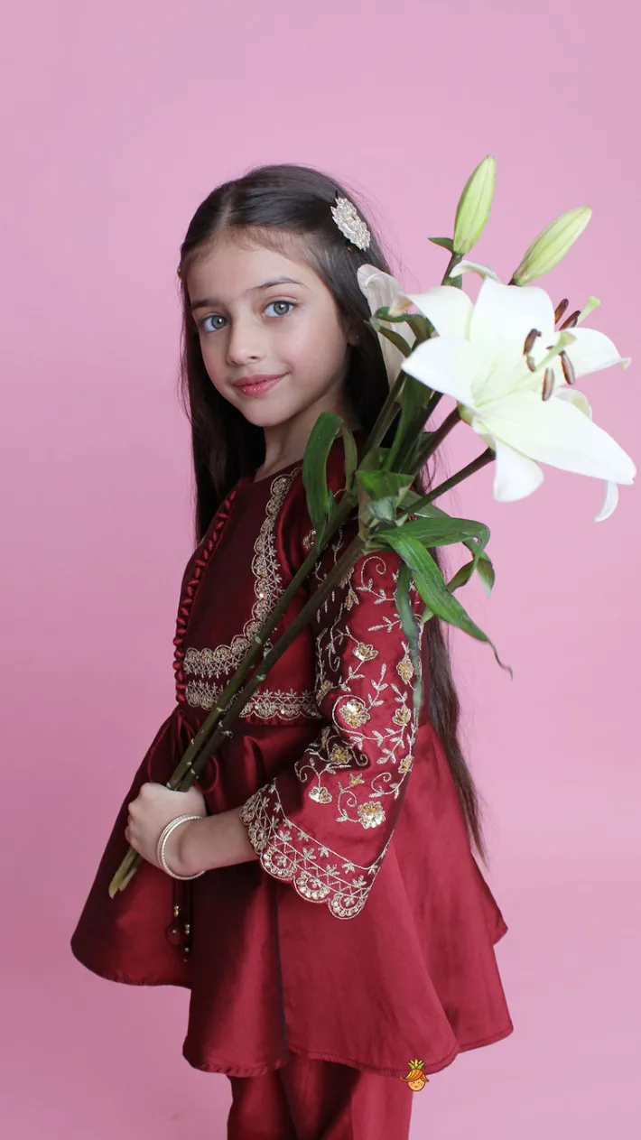 Sale Maroon Embroidered Kurti And Tulip Dhoti Ethnic Wear | Dhotis & Patialas
