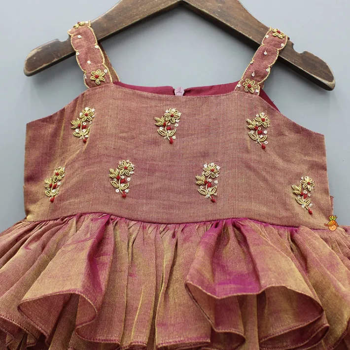 Hot Maroon Embroidered Strappy Layered Dress Dresses & Sets | Ethnic Wear